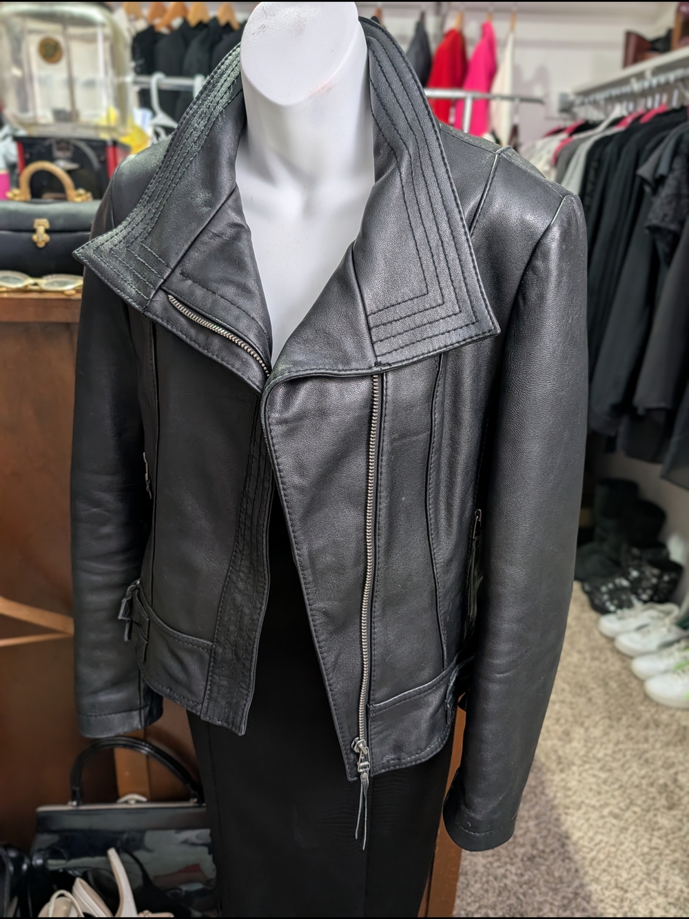 Michael Kors Black Leather Asymmetrical Zip Moto Jacket with Notch Collar
